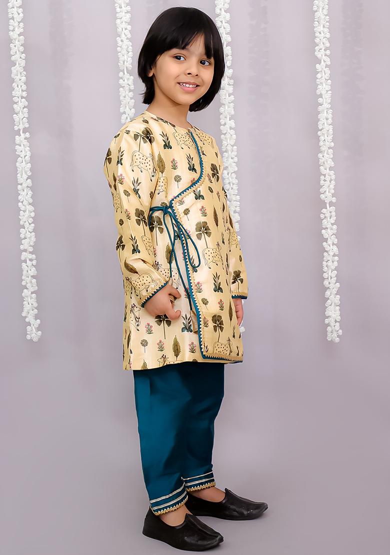 Beige Cow Printed Angrakha Set With Green Bottom For Boys