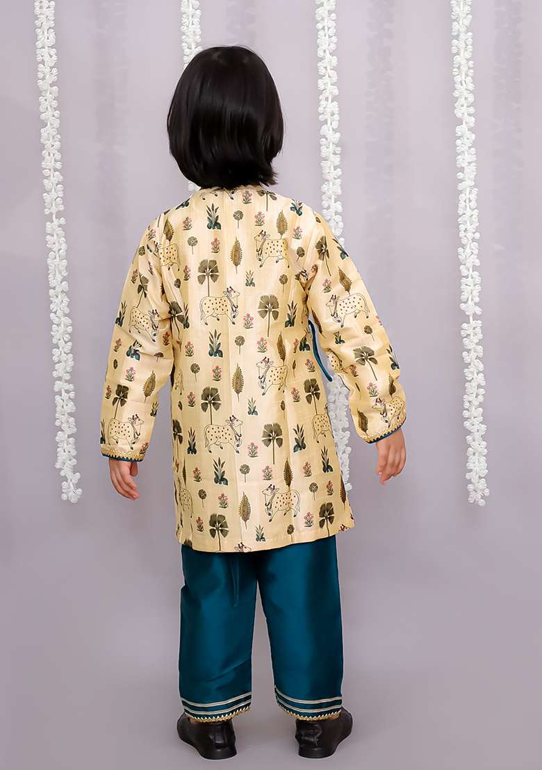 Beige Cow Printed Angrakha Set With Green Bottom For Boys - Indya