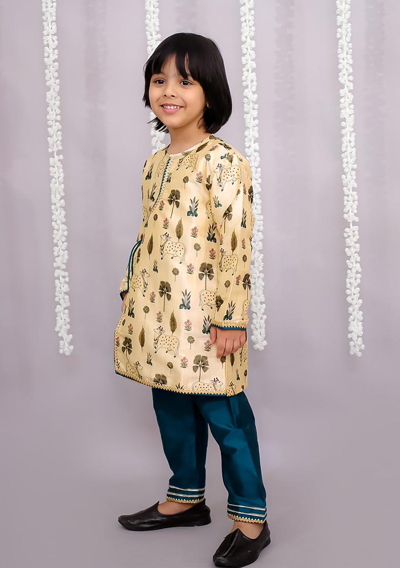 Beige Cow Printed Angrakha Set With Green Bottom For Boys