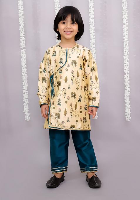 Beige Cow Printed Angrakha Set With Green Bottom For Boys