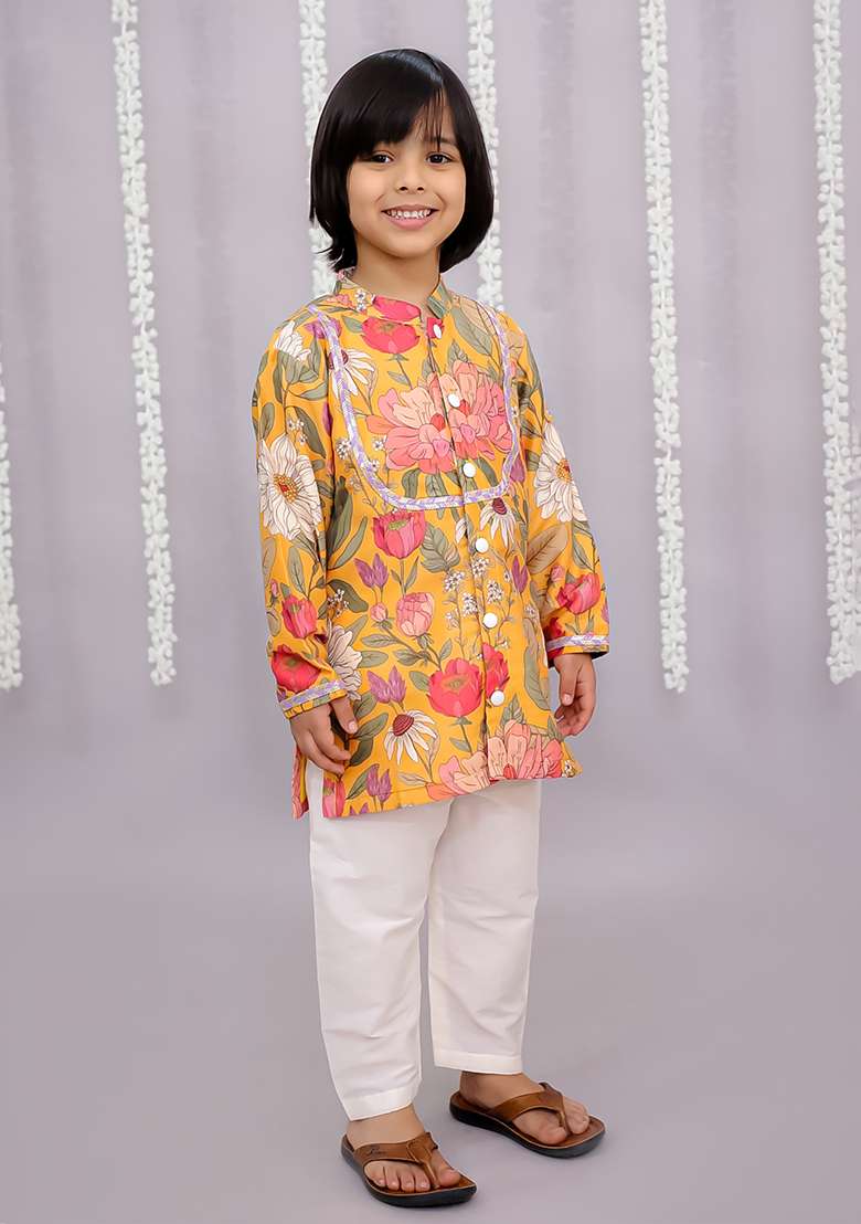 Yellow Bold Flower Print Kurta Set For Boys - Indya
