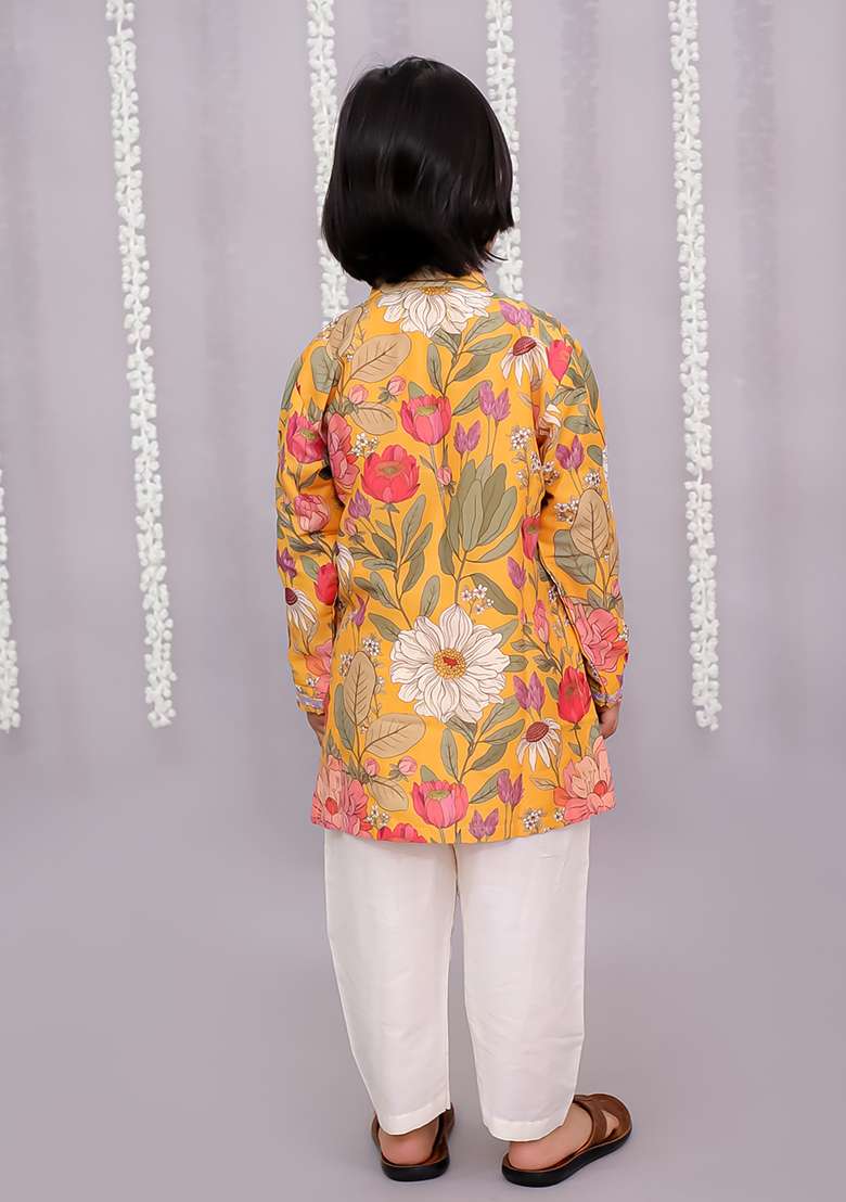 Yellow Bold Flower Print Kurta Set For Boys - Indya