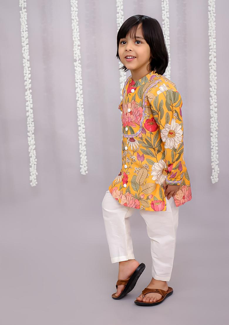 Yellow Bold Flower Print Kurta Set For Boys
