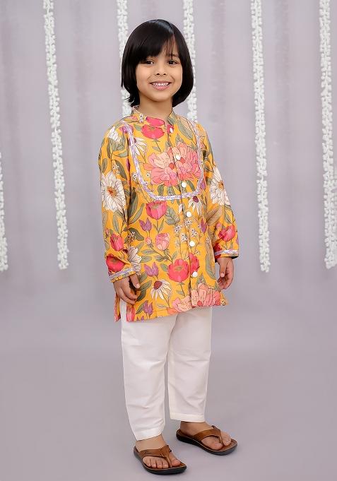 Yellow Bold Flower Print Kurta Set For Boys