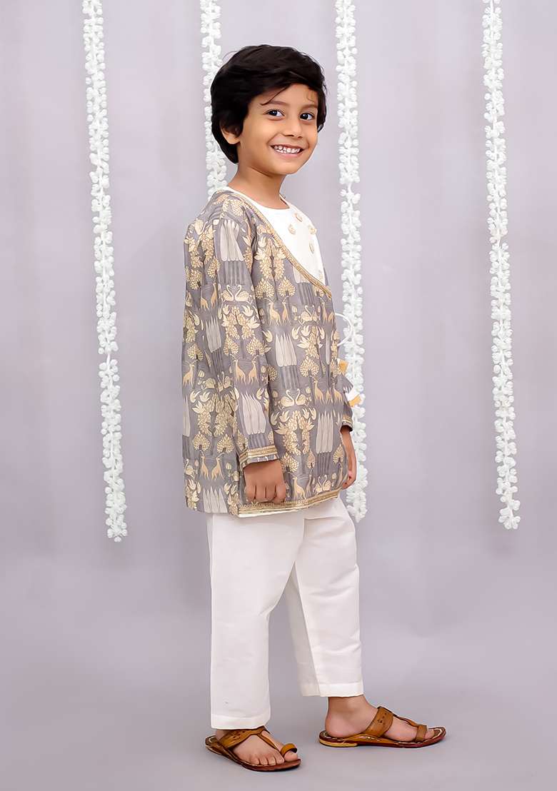 Grey Print Angrakha Dhoti Set For Boys - Indya