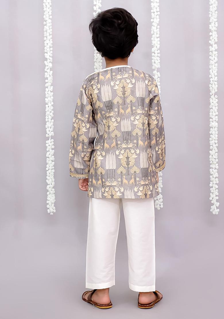 Grey Print Angrakha Dhoti Set For Boys