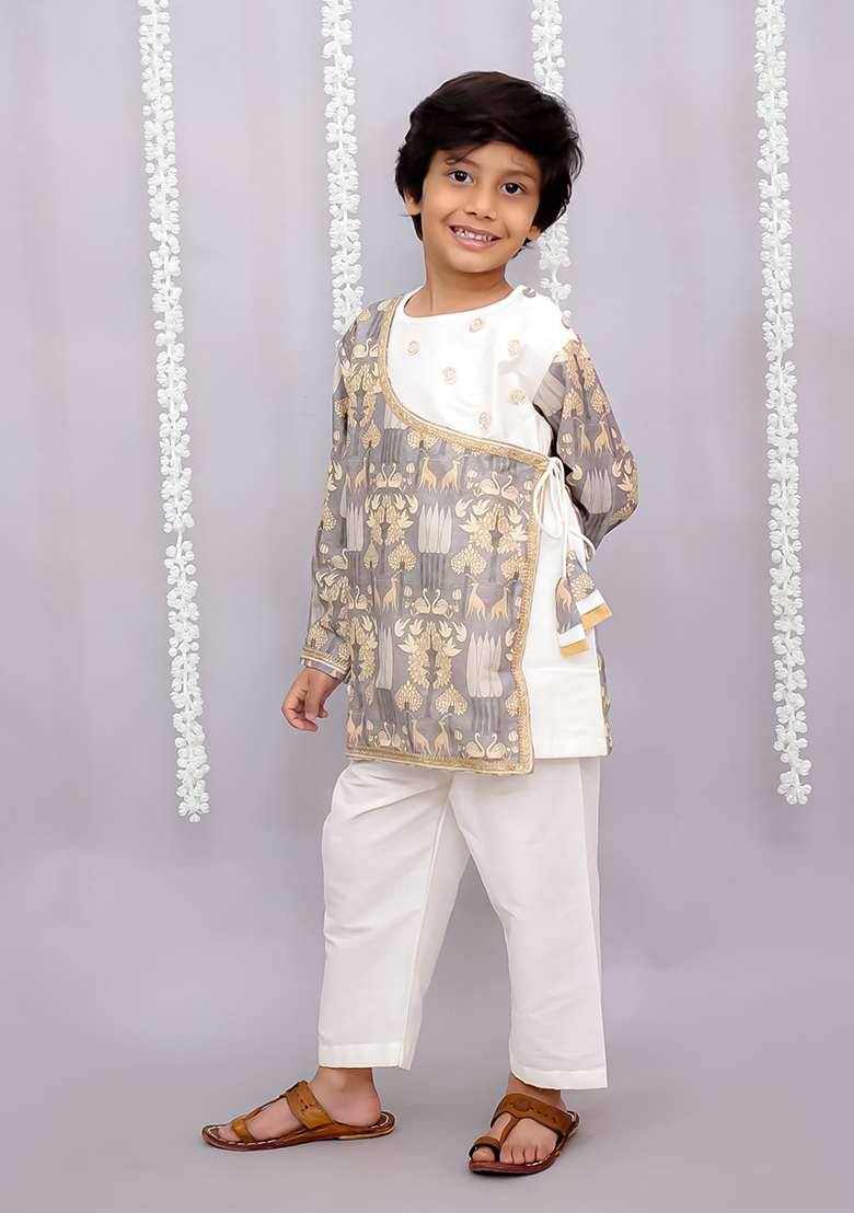 Grey Print Angrakha Dhoti Set For Boys - Indya