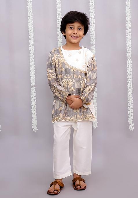 Grey Print Angrakha Dhoti Set For Boys