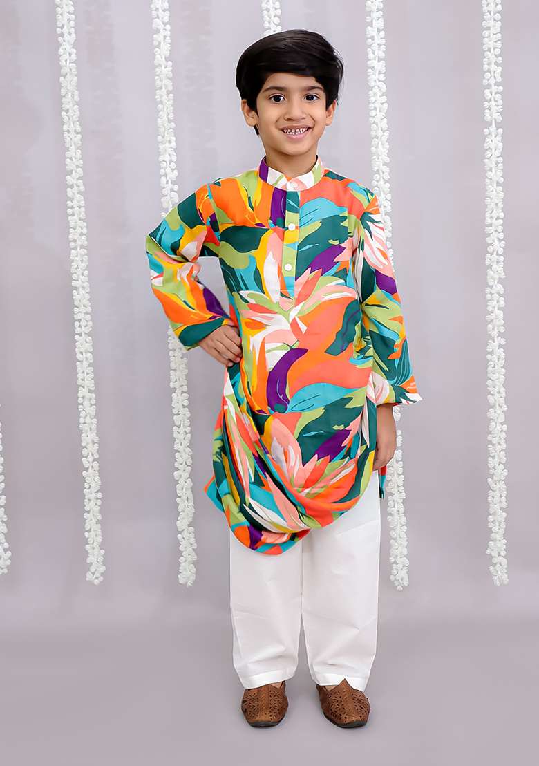 Multi Colour Parrot Print Kurta Set For Boys - Indya