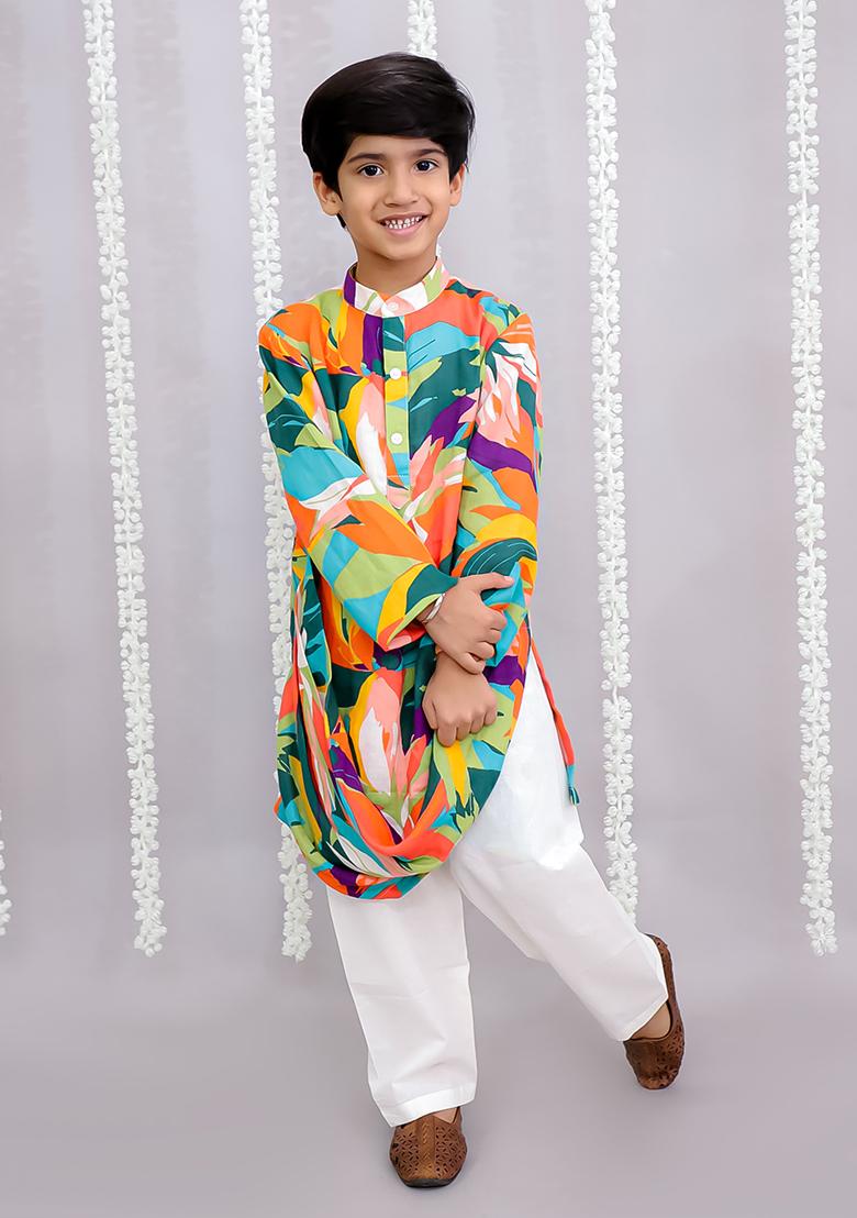 Multi Colour Parrot Print Kurta Set For Boys