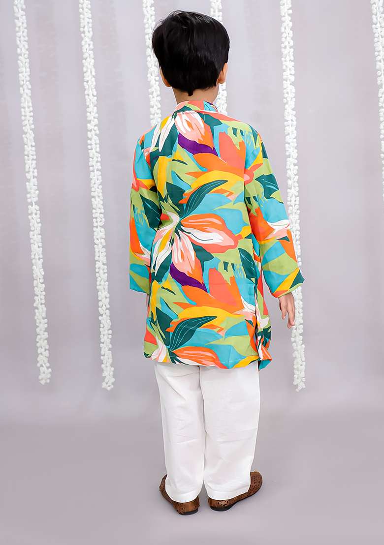 Multi Colour Parrot Print Kurta Set For Boys - Indya