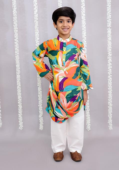 Multi Colour Parrot Print Kurta Set For Boys