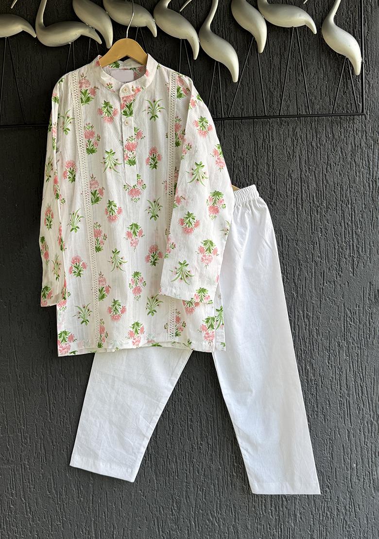 Off White Floral Print Kurta Set For Boys