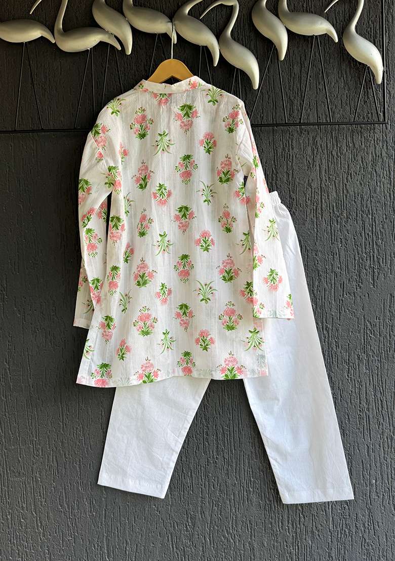Off White Floral Print Kurta Set For Boys - Indya