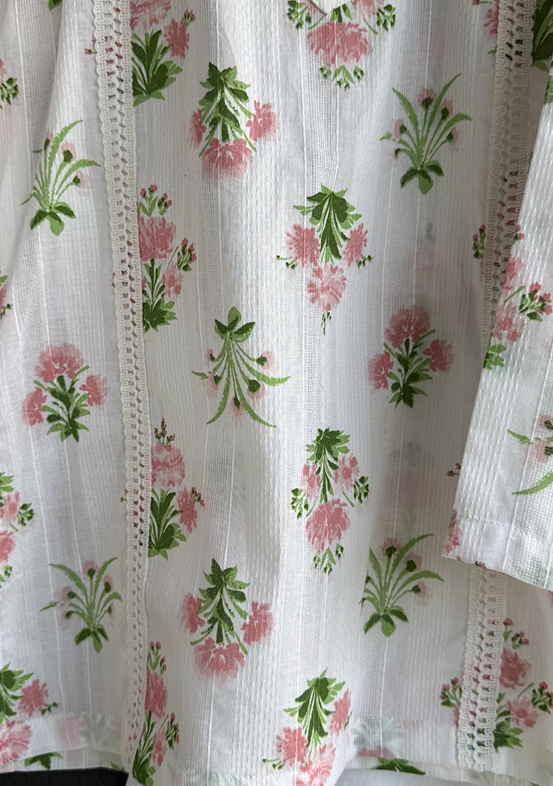 Off White Floral Print Kurta Set For Boys