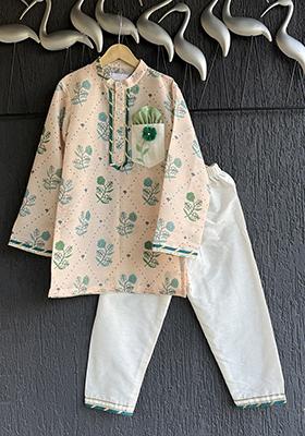 Beige Floral Print Anchor Thread Kurta Set For Boys