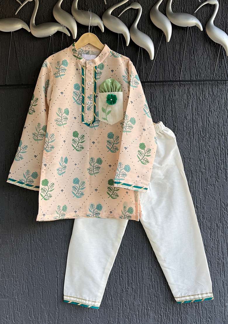 Beige Floral Print Anchor Thread Kurta Set For Boys - Indya