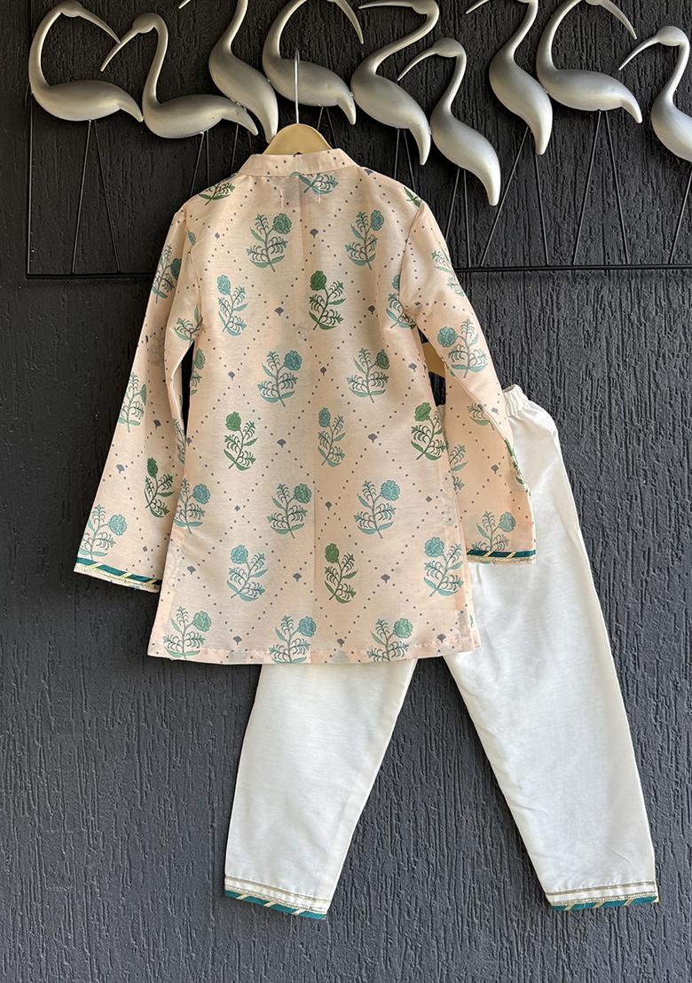Beige Floral Print Anchor Thread Kurta Set For Boys