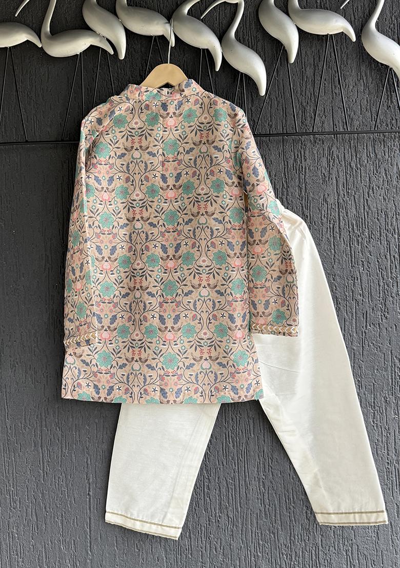 Beige Floral Jaal Kurta Set For Boys