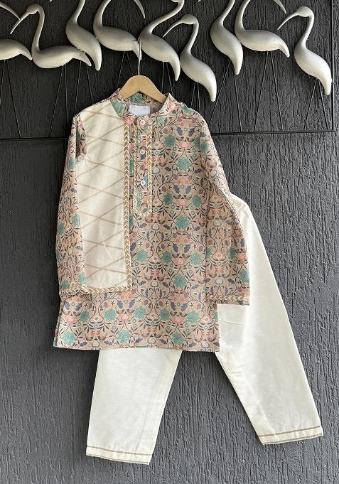 Beige Floral Jaal Kurta Set For Boys