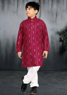 Maroon Soft Cotton Sequins Work Kurta Pyjama For Boys