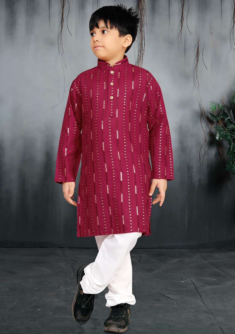 Maroon Soft Cotton Sequins Work Kurta Pyjama For Boys - Indya