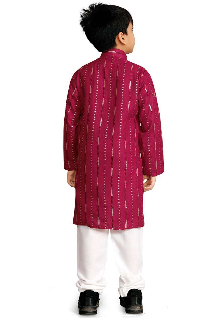 Maroon Soft Cotton Sequins Work Kurta Pyjama For Boys - Indya