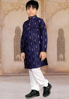 Blue Soft Cotton Sequins Work Kurta Pyjama For Boys