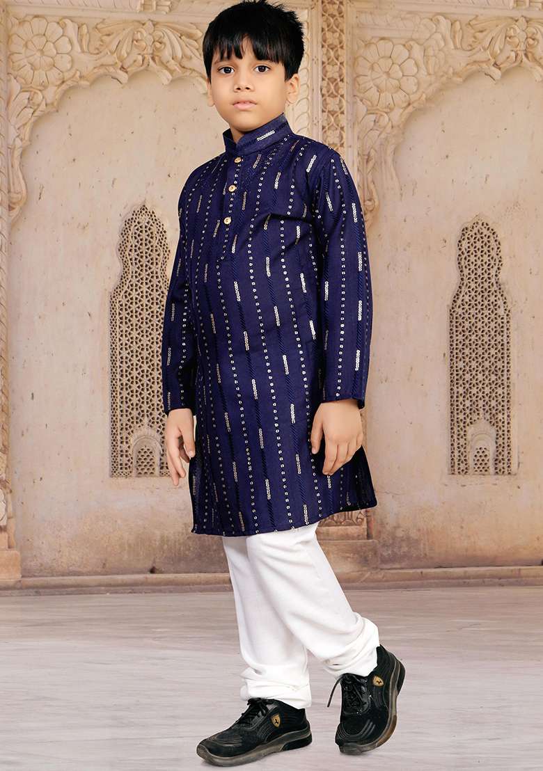 Blue Soft Cotton Sequins Work Kurta Pyjama For Boys - Indya