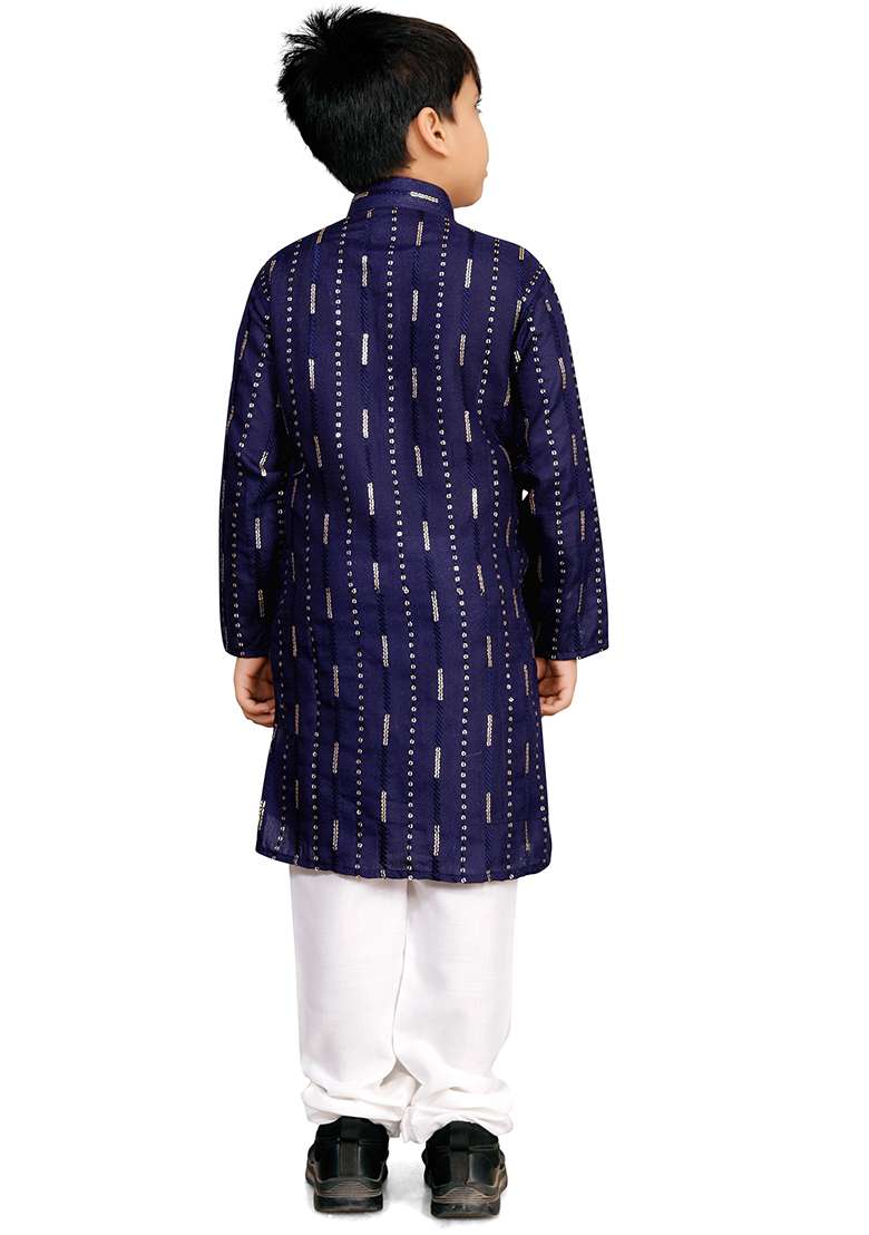 Blue Soft Cotton Sequins Work Kurta Pyjama For Boys - Indya