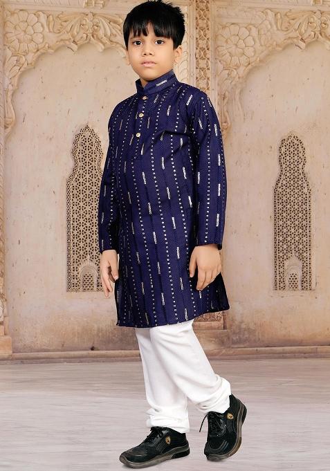 Blue Soft Cotton Sequins Work Kurta Pyjama For Boys