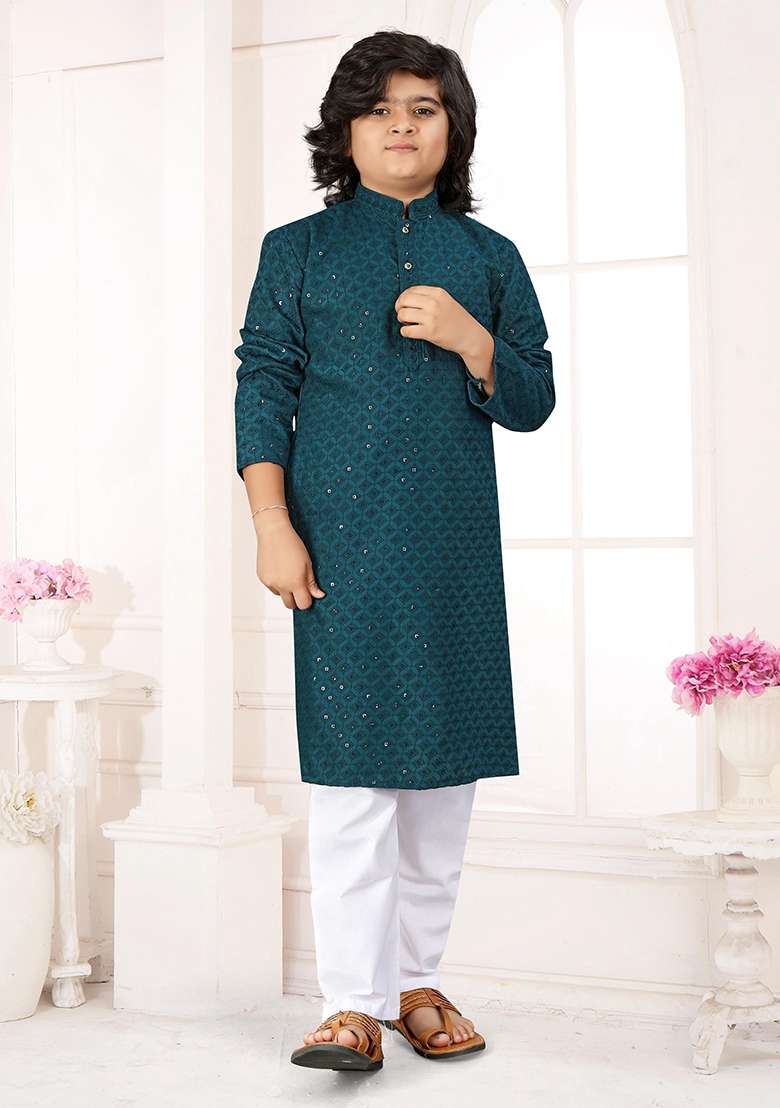Blue Cotton Chikankari Work Kurta Pyjama For Boys - Indya
