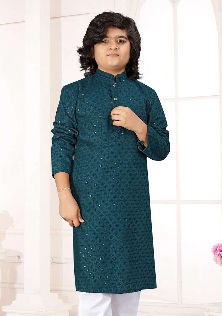 Blue Cotton Chikankari Work Kurta Pyjama For Boys - Indya