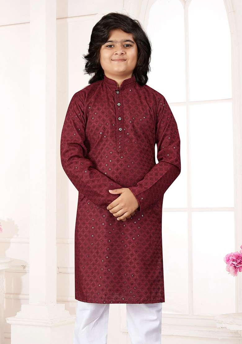 Maroon Cotton Chikankari Work Kurta Pyjama For Boys - Indya