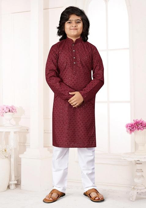 Maroon Cotton Chikankari Work Kurta Pyjama For Boys