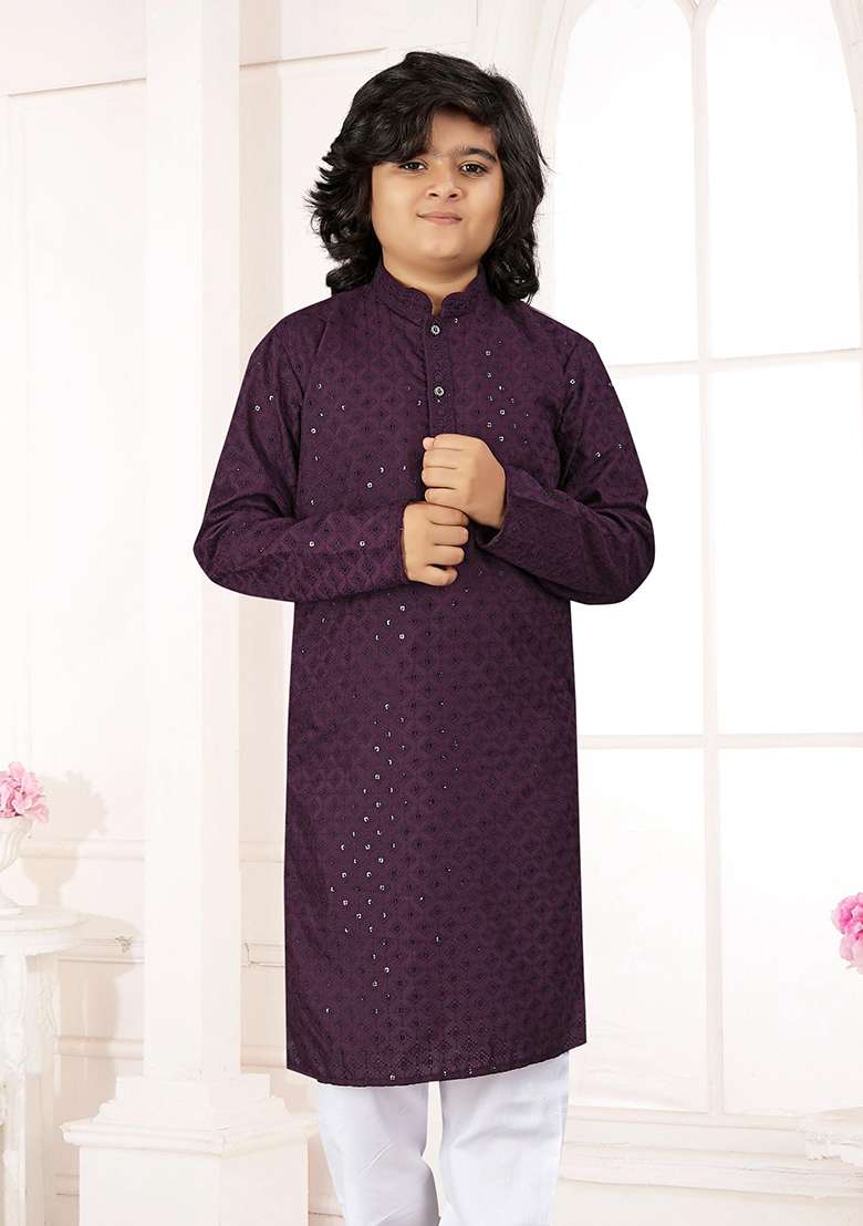 Wine Cotton Chikankari Work Kurta Pyjama For Boys - Indya