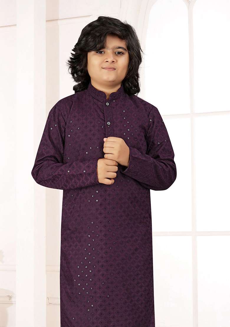 Wine Cotton Chikankari Work Kurta Pyjama For Boys - Indya