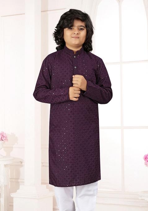 Wine Cotton Chikankari Work Kurta Pyjama For Boys