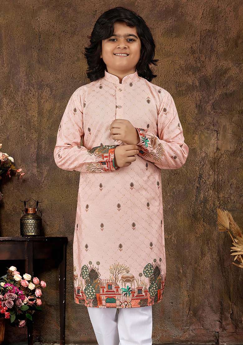 Pink Rayon Embroidered Kurta Pyjama For Boys - Indya
