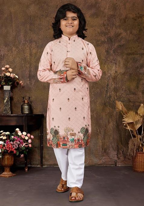 Pink Rayon Embroidered Kurta Pyjama For Boys