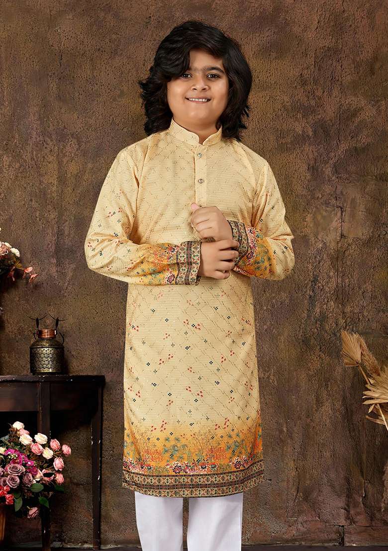 Yellow Rayon Embroidered Kurta Pyjama For Boys - Indya