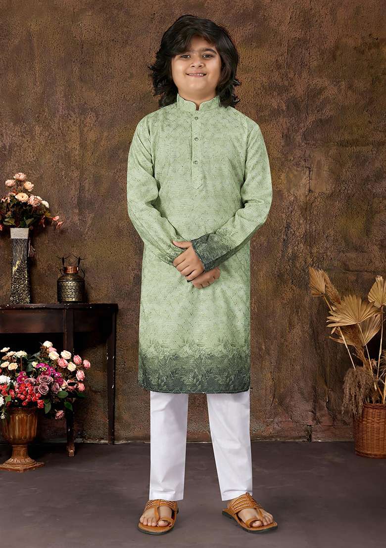 Green Rayon Embroidered Kurta Pyjama For Boys - Indya