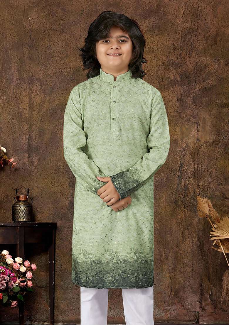 Green Rayon Embroidered Kurta Pyjama For Boys - Indya
