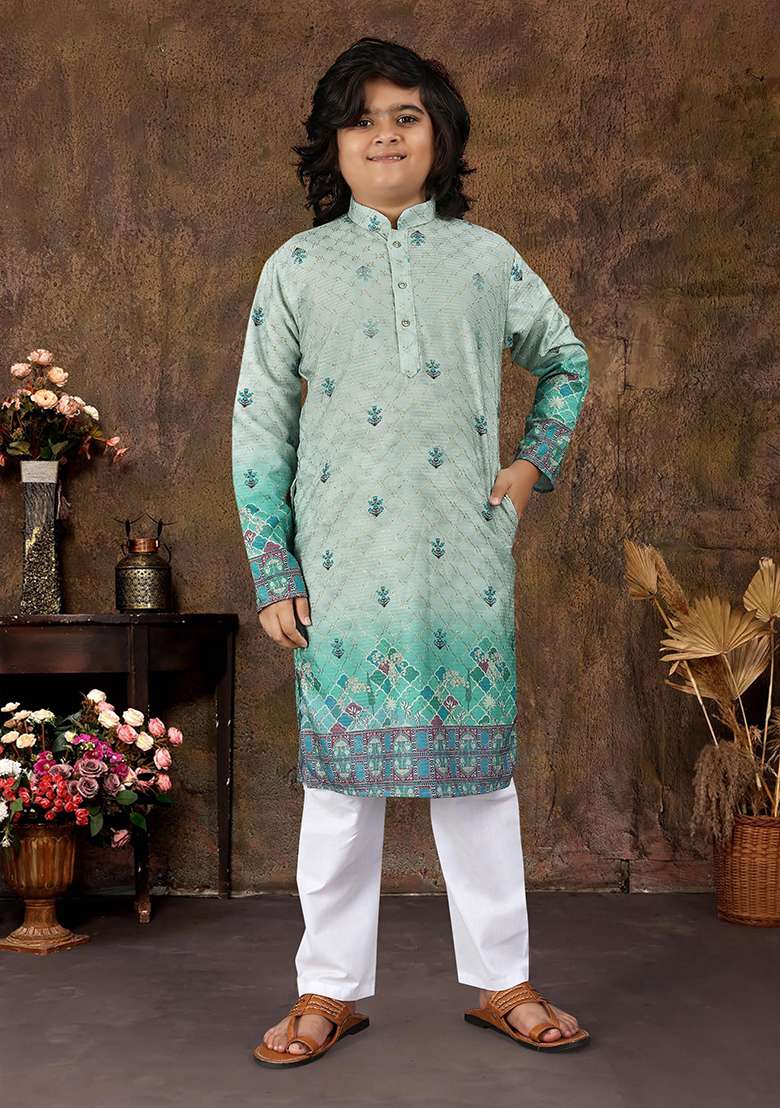 Grey Rayon Embroidered Kurta Pyjama For Boys - Indya