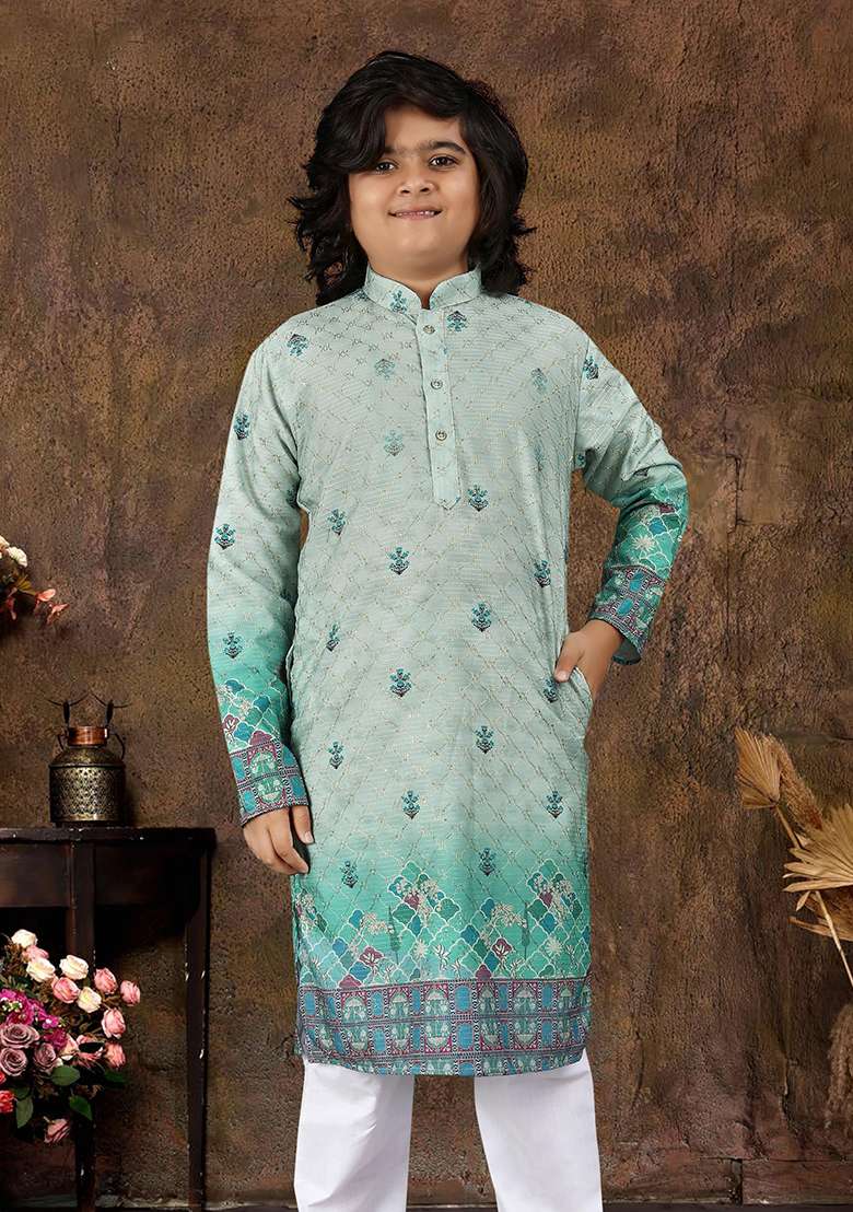 Grey Rayon Embroidered Kurta Pyjama For Boys - Indya