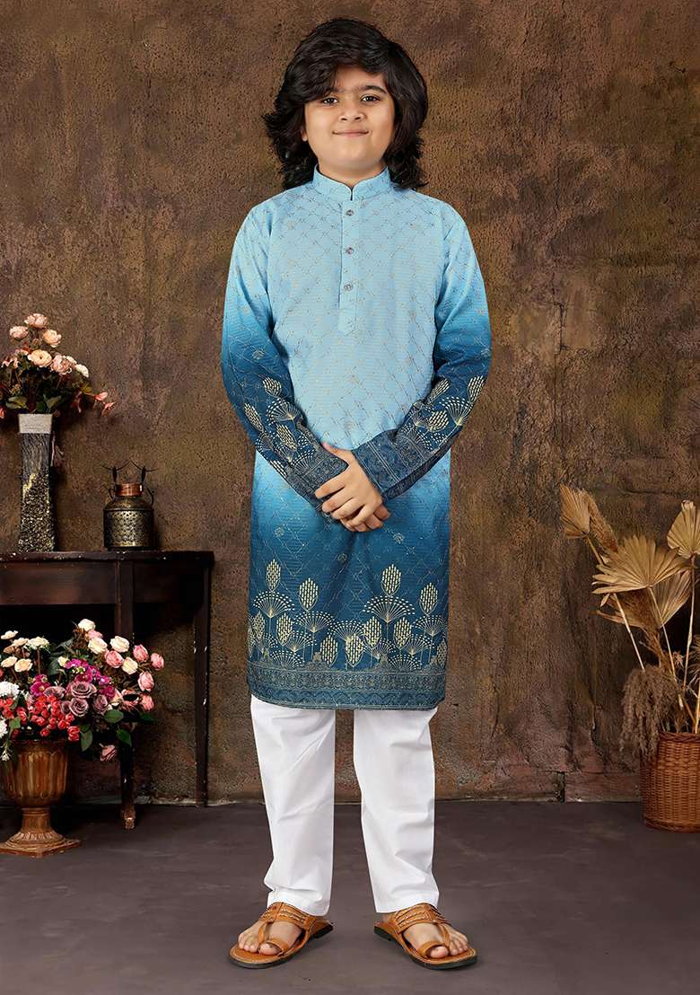 Blue Rayon Embroidered Kurta Pyjama For Boys - Indya