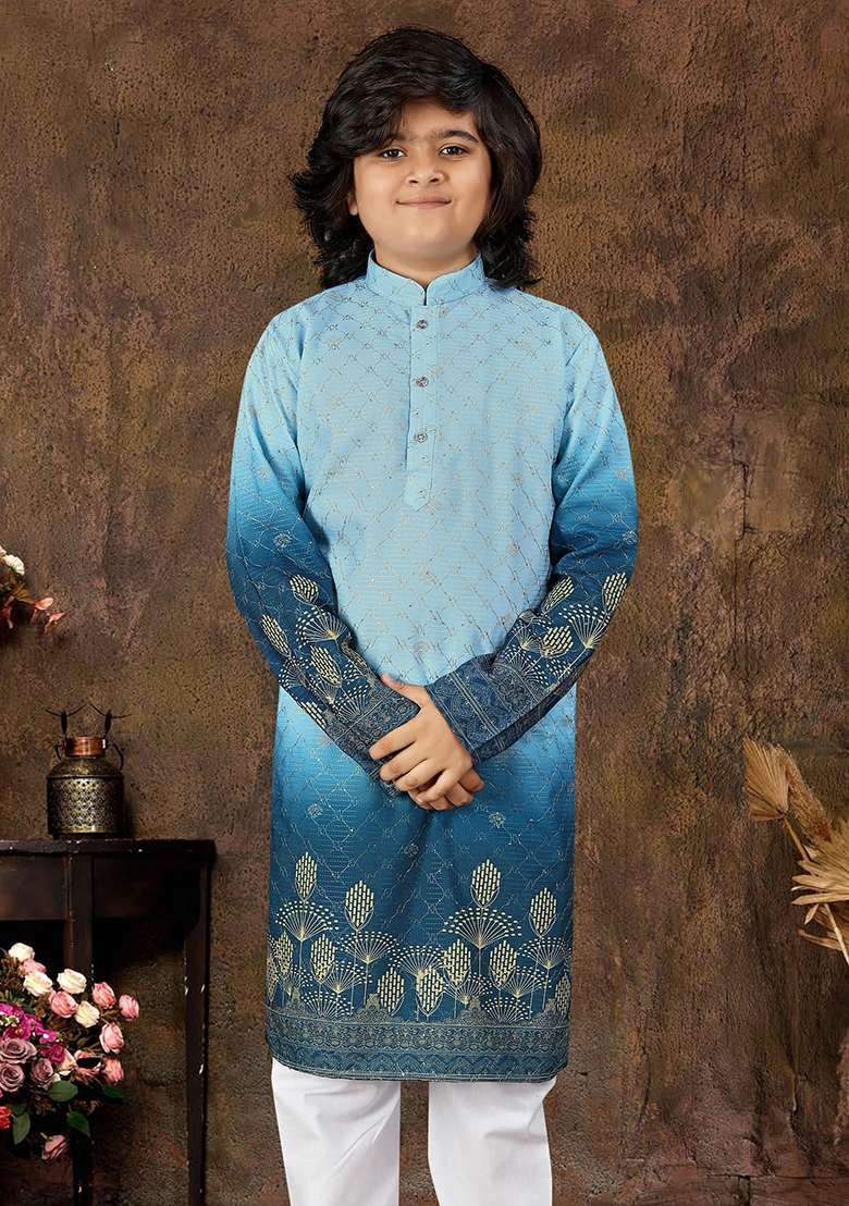 Blue Rayon Embroidered Kurta Pyjama For Boys - Indya