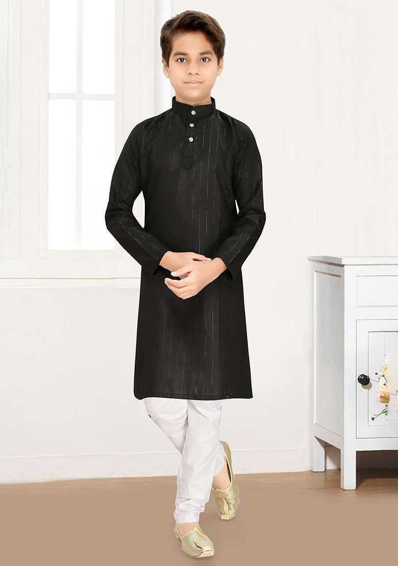 Black Cotton Blend Kurta Set For Boys - Indya