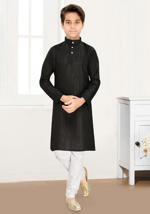 Black Cotton Blend Kurta Set For Boys