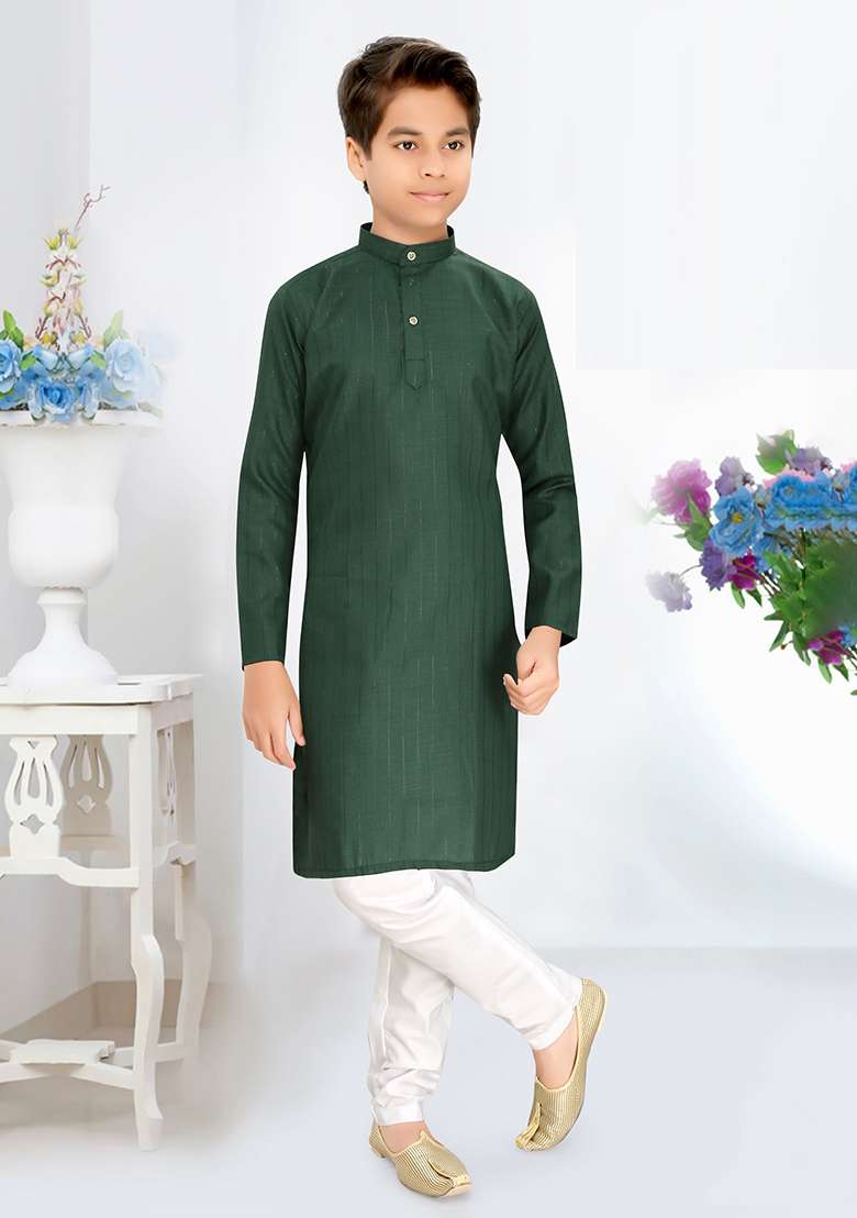 Green Cotton Blend Kurta Set For Boys - Indya